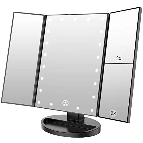 WEILY Makeup Mirror with 21 LED Lights,Two Power Supply Modes, Adjustable Touch Screen and 1x/2x/3x Magnification Tri-Fold Vanity Mirror,Chargeable Travel Cosmetic Mirror for Desktop (Black)