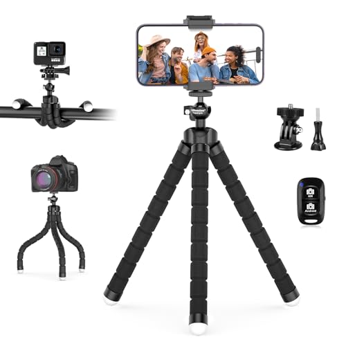 UBeesize Flexible Mini Phone Tripod, Portable and Adjustable Camera Stand Holder with Wireless Remote and Universal Clip, Compatible with Cellphones, Sports Cameras