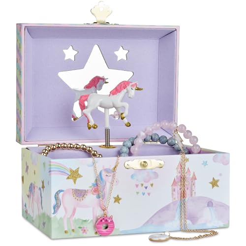 Jewelkeeper Musical Jewelry Box for Girls with Spinning Unicorn, Glitter Rainbow and Stars Design Music Box for Necklace, Earrings, and Accessories, Plays The Beautiful Dreamer Tune