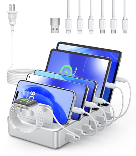 Charging Station for Multiple Devices Apple,50W 6 Port&6 Cables Charging Station for Apple Device with Apple Watch Holder,Charging Dock for Cellphone, Kindle, Tablet and Other Electronic (Sliver)