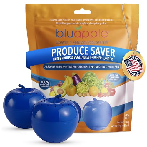 Bluapple Produce Saver Ethylene Gas Absorber 2-Pack - Keeps Fruits & Vegetables Fresh Longer in Refrigerator Crisper, Shelves, & Fruit Bowls, Lasts up to 3 Months, Produce Storage, BPA Free, USA Made