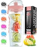 Zulay 34 oz Large, Leakproof Fruit Infuser Water Bottle with Anti-Slip Grip - Men and Women's Ideal Fitness Gift Or For Gym, Camping, and Travel - Cotton Candy Pink