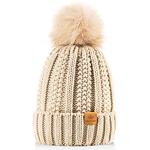 PAGE ONE Womens Winter Thick Cable Knit Beanie Faux Fur Pom Hat Fleece Lined Skull Cap Oatmeal