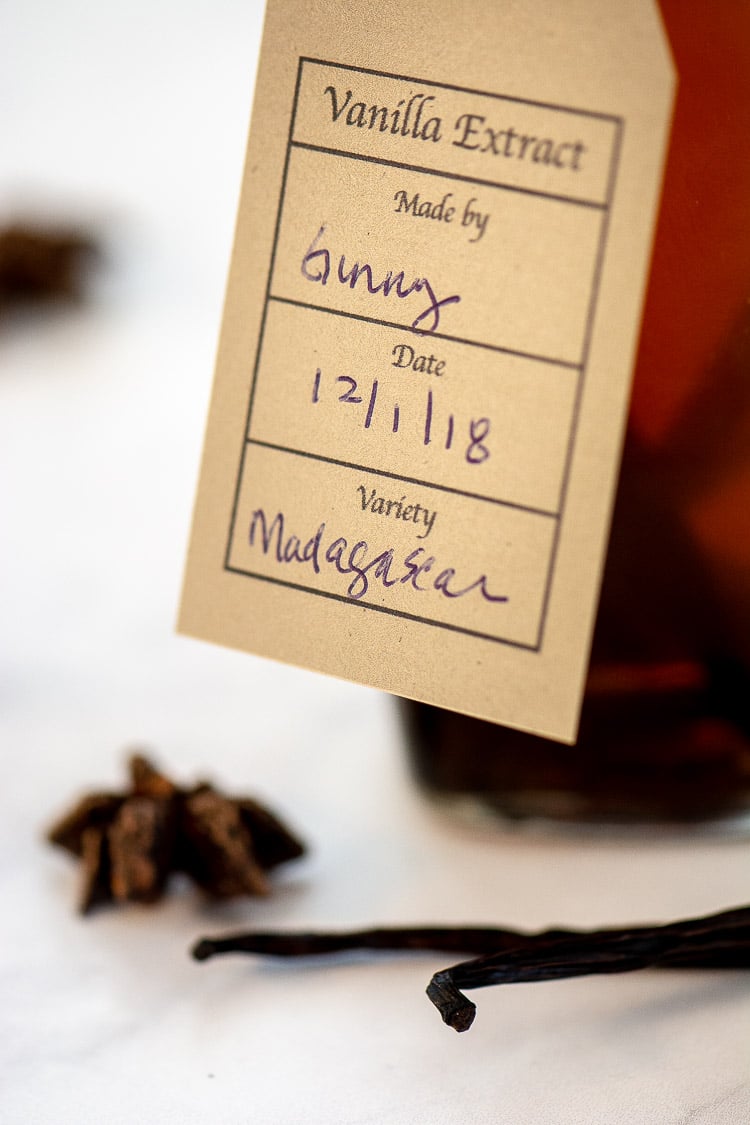 Closeup of Printable Tag on a Bottle of Homemade Vanilla Extract